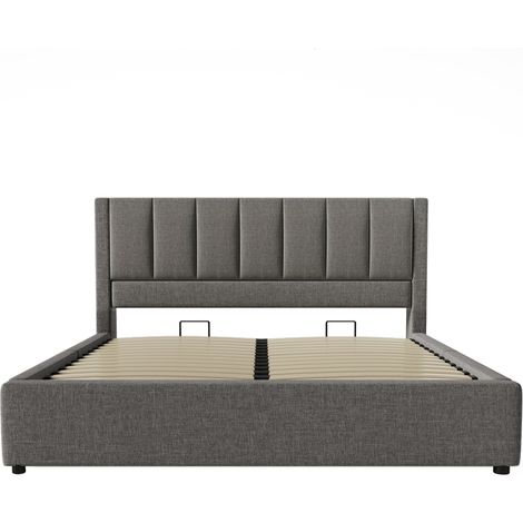 Lit capitonné 140x190 cm, rangement sous lit à vérin, cache-gobelet – Sommier fourni, gris lin, matelas non inclus (1/5)