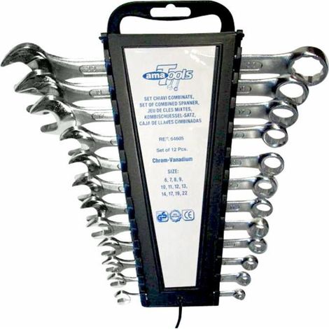 Jeu de 12 clés plates mixtes – Chrome vanadium – Tailles 6 à 22 mm – Finition polie miroir – Normes DIN 3113, ISO 3318, DIN 899 (1/2)