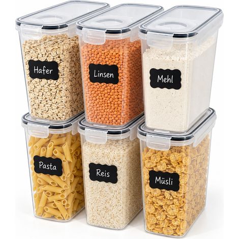 Relaxdays Botes Herméticos para Cocina Set de 6 Tarros para Despensa con Clic y Etiquetas, Plástico, 2,5 L, Transparente (1/5)