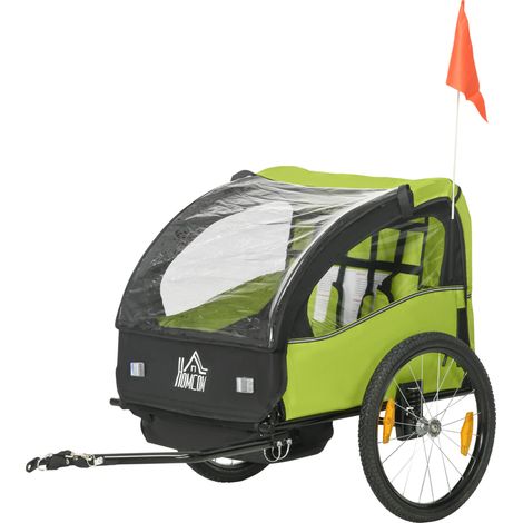Remolque bicicleta niños +18 meses cinturón seguridad amortiguador verde 140x88x90 cm
