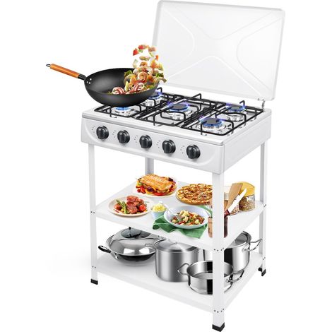 Plaque de cuisson à gaz 5 feux, Plaque de cuisson à gaz avec support antidérapant, Chariot de barbecue avec couvercle, Réchaud à gaz autonome, Réchaud de camping, pour voyages de camping (1/5)