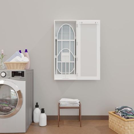 Planche à repasser murale rabattable avec meuble de rangement, miroir intégré et étagères en MDF blanc pour buanderie, chambre ou petit espace - CHICFURN (1/5)