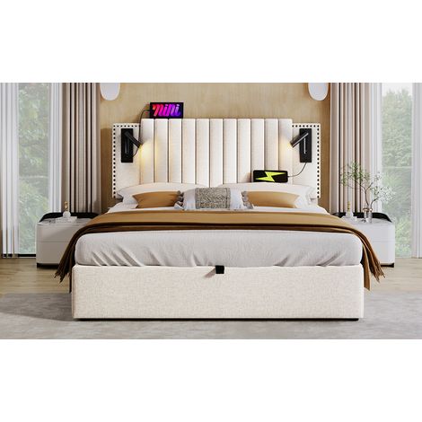 Cama 140x200 de tejido beige con almacenaje y USB, para espacio reducido, sin colchón – MEUBLIV (1/5)