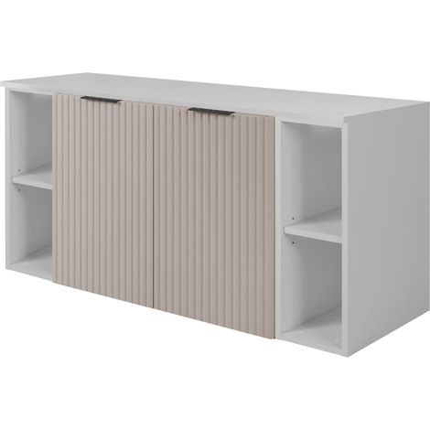 Furnidea - Meuble sous vasque suspendu FLOW CACHEMIRE 120 cm avec 2 x l'étagères - extensions et plan BLANC - 2 portes - façades rainurées (1/5)