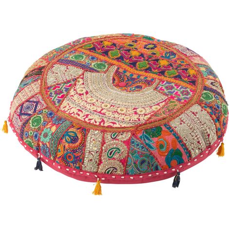 Pouf rond plat à motifs et pompons 70x70x20 cm en coton rose - XANAN (1/3)