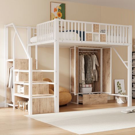 Letto a soppalco 140x200 cm bianco in metallo e legno con armadio, cassetto e scala contenitore (1/5)