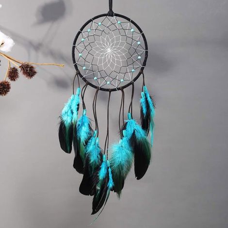Attrape-rêves décoratif - Fait main - Bicolore noir et turquoise - Plumes naturelles - Perles décoratives - Filet tissé (1/5)