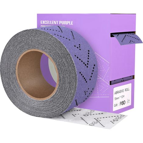 Rouleau de Papier Abrasif Grain 80, 70 mm x 12 m Rouleau de Feuille de Ponçage Multi-Trous Prédécoupé Papier de Verre Céramique Violet pour Le Bois, Le Métal, Le Ponçage Automobile (1/5)