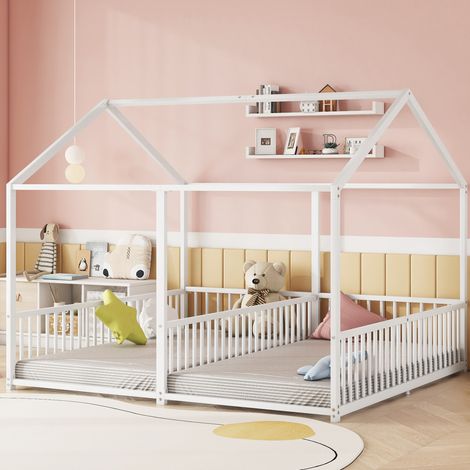 MODFU – Letto a castello per bambini 90x200 cm in metallo con scala, corrimano, forma casa, portata 120 kg e 2 colli – Bianco (1/5)