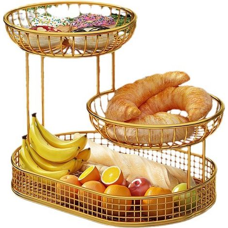 Luxuriöses, mehrstöckiges Obsttablett, ideal zum Präsentieren von Kuchen und Vorspeisen, Aufbewahrungskorb, hochwertiger Obstkorb, große goldene Ausführung. (1/4)