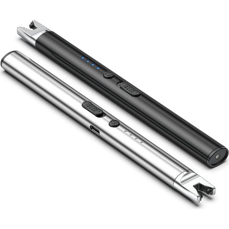 2 Pièces Briquet Electrique Long USB Rechargeable Briquet Plasma pour Bougie, Poêle (Noir+Argent) (1/5)