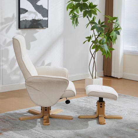 Fauteuil inclinable pivotant nordique beige chenille avec repose-pieds, base bois massif et support métallique