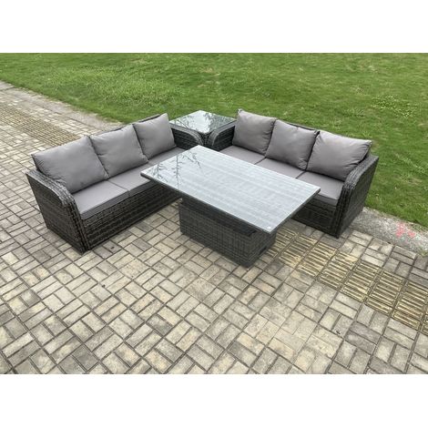Fimous Outdoor Rattan Garden Furniture Lounge Sofa Set with Height Adjustable Rising lifting Dining Table Dark Grey Mixed (1/5)