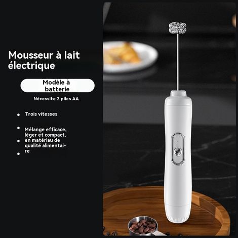 Mousseur à lait électrique - 3 vitesses - Fonctionne sur piles - (Blanc) - Tête de mélange en acier inoxydable 304