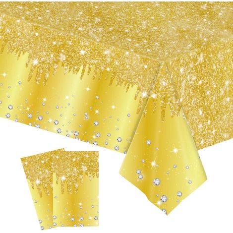 2x Tischdecke abwaschbar 137x274cm Gold Pailletten Druck rechteckig
