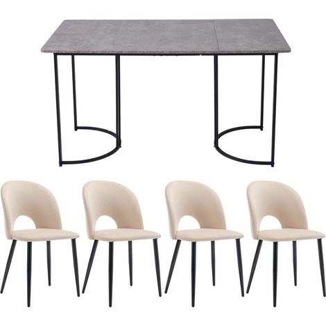 Ensemble salle à manger 5 pièces avec table 140x80 cm en MDF gris et 4 chaises en velours beige à pieds réglables (1/5)
