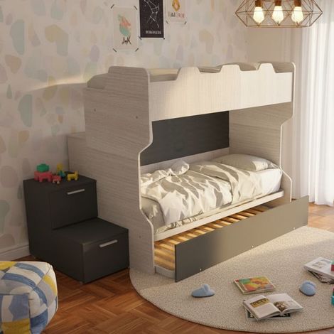 Letto a castello salvaspazio con scala a cassettoni e camminatoio - Rovere rock