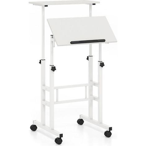 Bureau assis-debout mobile 60 x 30 x 72-124 cm réglable et inclinable design moderne en MDF blanc