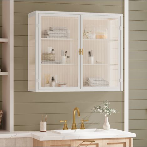 Meuble de rangement mural 70x23x60 cm à 2 portes, 3 niveaux, pour entrée, métal et verre trempé blanc (1/5)