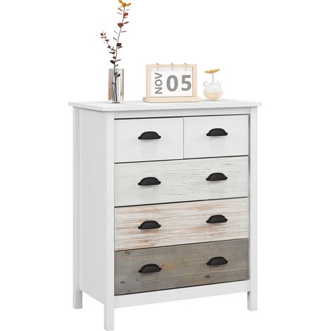 Commode domestique blanche 5 tiroirs surface laquée structure MDF et bois pin 70x38x85cm