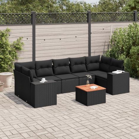 Ensemble Salon Jardin 8 Places Noir Résine Tressée avec Coussins et Table Acacia - Meuble Extérieur Modulaire avec Rangement (1/3)