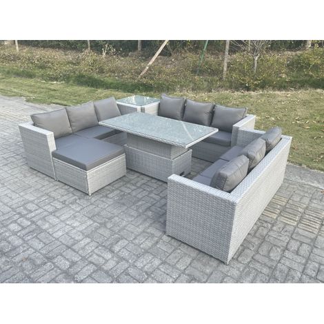 Fimous Rattan Gartenmöbel Set mit Sofa, Höhe verstellbar Esstisch und Hocker,Beistelltisch,Outdoor Terrassen Essgruppe 6-teilige Sitzgruppe Helles Grau (1/5)
