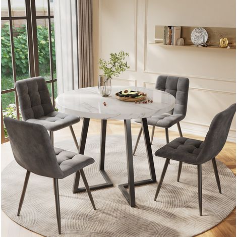 MEUBLIV Conjunto de comedor 5 piezas, mesa redonda 80 cm blanca y gris, 4 sillas de terciopelo (1/5)