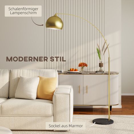 Lampadaire sur pied courbé ajustable en hauteur, interrupteur au sol, socle imitation marbre, 170-180 cm, doré/noir