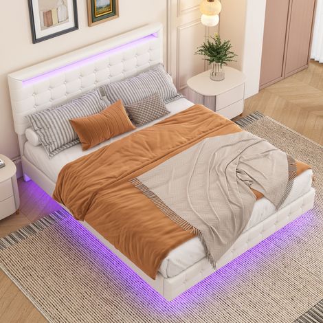 Bett 140x200 cm Weiß aus PU und MDF mit LED-Beleuchtung, schwebendem Design und höhenverstellbarem Kopfteil (1/5)