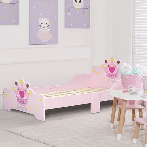 Kinderbett 140 x 70 cm – Prinzessinnen-Design mit Kronenmotiv – inklusive Lattenrost – rosa MDF-Sperrholz