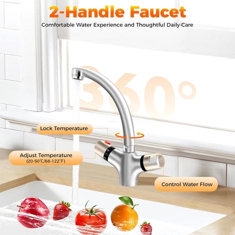 Robinet Lavabo avec 2 Poignées et Acier Inoxydable Tube de Sortie Laiton Thermostatique Robinet Mélangeur Laiton Plein Mitigeur Salle de Bains pour Cuisine, Chambre à Coucher (1/5)