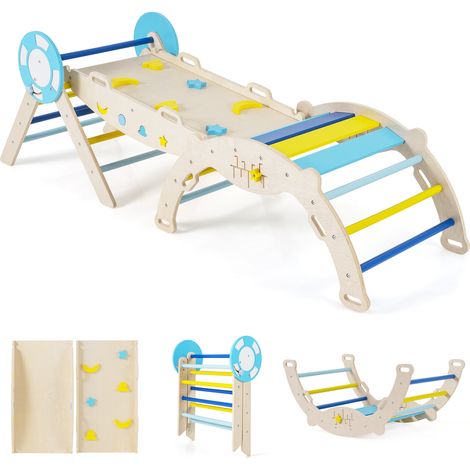 Structure d'escalade enfant bleue 3 pièces en hêtre pliable avec toboggan, arche et échelle pour chambre, salle de jeux et jardin (1/5)