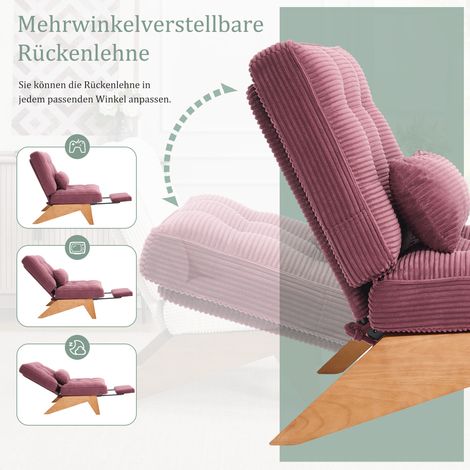 Fauteuil lounge réglable en tissu velours bordeaux, dossier bas sans dossier, repose-pieds inclus, coussin lombaire, pieds en bois, pour salon, chambre ou bureau (1/5)