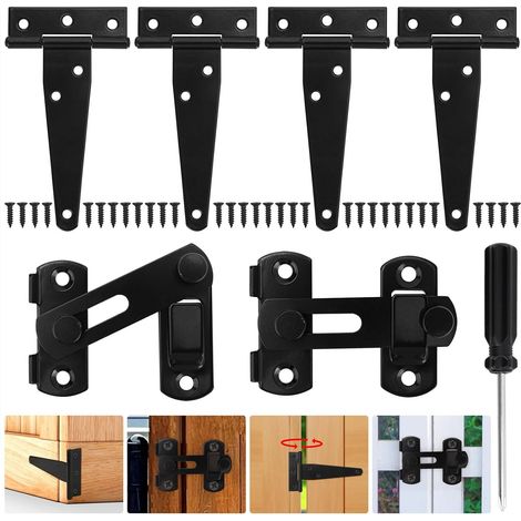 Lot de 4 verrous de porte et charnières de porte en bois - Noir - 10,2 cm - 2 verrous de porte extérieurs pliables à 180° - Avec 32 vis - Tournevis - Charnières en T pour portes de jardin, fenêtres (1/5)
