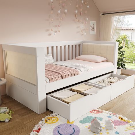 Lit chambre adulte rangement 90x200 bois blanc HAVRYA (1/5)