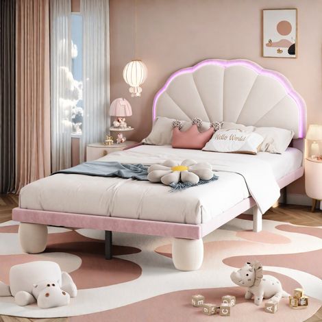 Tanant – Lit simple 90x200cm – Lit capitonné avec tête de lit coque et lumières LED multicolores – Sommier à lattes en bois – Velours rose (1/5)