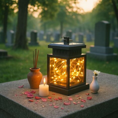 1 Solarbetriebene Trauerlaterne, schwarzer Kunststoff, blinkende gelbe LED, für Friedhof und Garten (1/5)