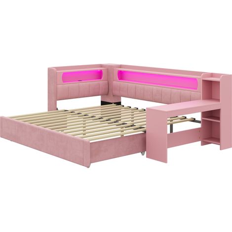 Cama nido tapizada rosa con USB, LED, cama extraíble y escritorio 90x200 cm (1/5)