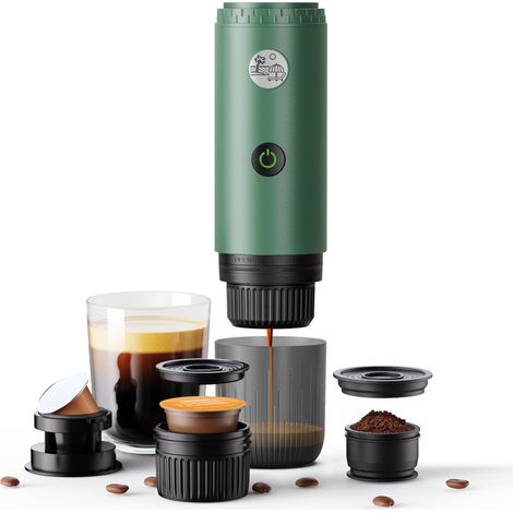 Machine à café portable 3 en 1, machine à expresso portable 19 bars avec chauffage automatique, compatible avec les capsules NS et DG et le café moulu pour le camping et les voyages (vert) (1/5)
