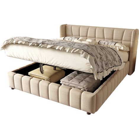 Letto matrimoniale imbottito 180x200 cm con contenitore, rete a doghe, testiera moderna e struttura in tessuto beige per camera da letto - CHICFURN (1/5)