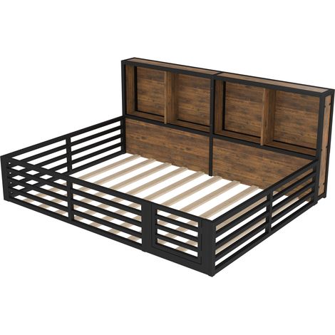 Cama de metal negra 140 x 200 cm con barandillas y arcón, somier de láminas (1/5)