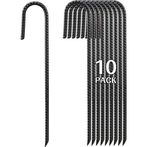 Piquets en Acier 40cm Haute Résistance - Lot de 10 Ancres Sol J-Forme pour Tente, Clôture Jardin, Plantes et Tubes en Tissu, Noir