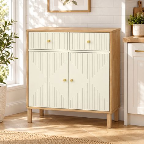 Buffet, meuble de rangement cannelé avec plateau effet chêne, 2 tiroirs, 2 portes, étagère réglable, 77x30x80cm, crème (1/5)