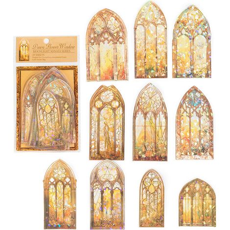 Lot de 10 stickers holographiques 3D en PET, couleur éclatante, design vitrail, pose simple, décoratifs, pour carnets et agendas (jaune). (1/5)