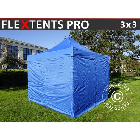 Faltzelt FleXtents PRO 3x3m Blau, mit 4 Seitenwänden