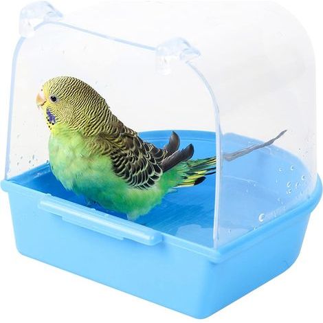 Baignoire pour oiseaux, baignoire suspendue, fournitures pour cage à oiseaux avec crochets, douche à eau, boîte transparente, support pour mangeoire et nourriture pour petits oiseaux (1/5)