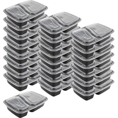 25 recipientes de plástico negro para preparar comidas, 1000 ml, 2 compartimentos, sin BPA, reutilizables, aptos para microondas, tapa incluida. (1/5)