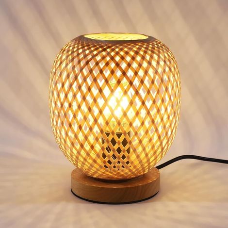 ACKERMAN – Lampe de chevet en bambou tissé, abat-jour naturel avec base en bois, interrupteur à bouton-poussoir, compatible E27 jusqu’à 60 W (1/5)