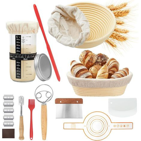 Kit de fermentación de pan, 10 piezas, kit de iniciación de masa madre - Incluye 2 cestas de fermentación (redonda de 23 cm y ovalada de 25 cm), un tarro de fermentación de 730 ml, accesorios para hor (1/4)