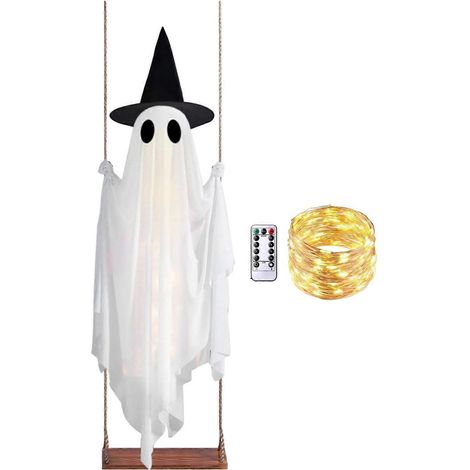 Suspendu balançoire fantôme avec chapeau de sorcière, télécommande guirlande lampe, pour porche jardin décoration de sapin,1.2M (1/5)